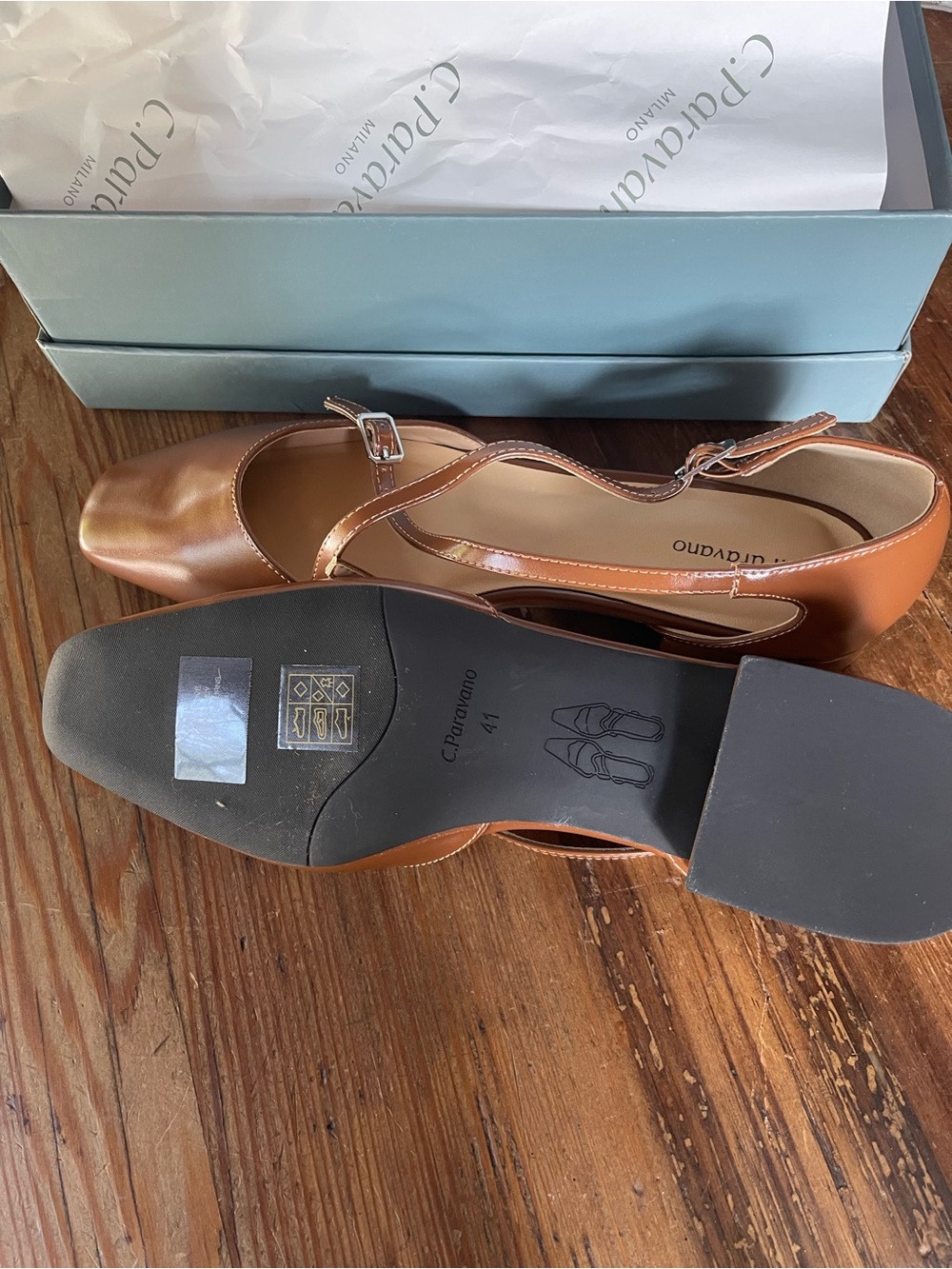 C. Paravano brown Leather Mary Jane Flats with Square Toe
